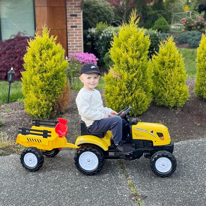 Aosom Kids Ride on Farm Tractor, Manual Pedal Ride on Car with Back Storage Trailer, Shovel & Rake, Horn for Age 3 Years Old, Yellow