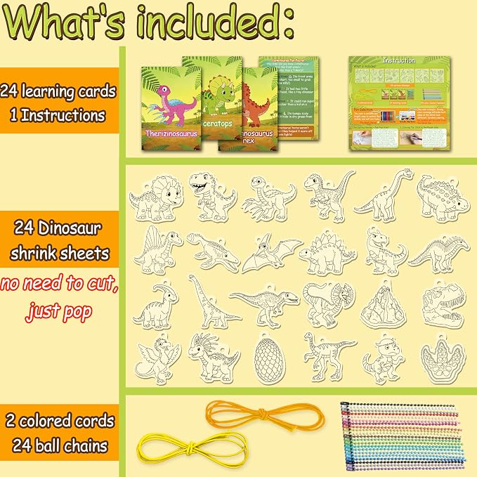 Vicentorra Dinosaur Shrinky Dink Kit for Kids Age 4-8 6-8 - 24 Precut Shrink Sheets + 24 Dino Learning Cards - Arts and Crafts for Boys Girls - Birthday Gift for 5 6 7 8 Year Old - STEM Toys