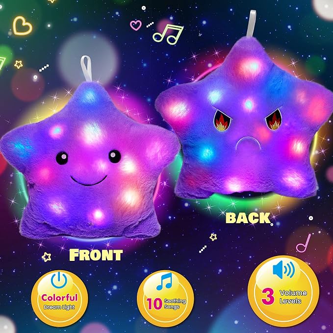 13" Musical Purple Star Plush Pillow Glowing Twinkle Night Light Stuffed Animal LED Toys Adjustable Volume Birthday for Girls Boys