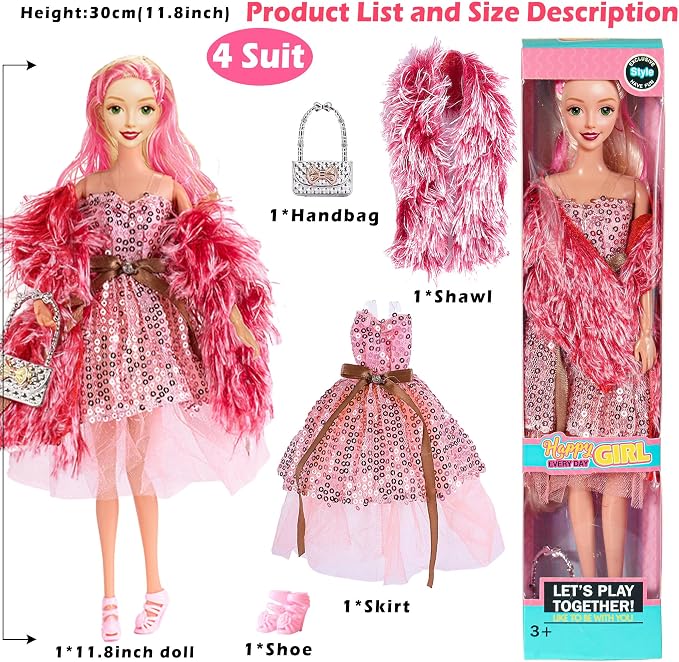 6 Pack Fashion 11.5 inch American Toy Prinecess Dolls Playset with Outfits Dress Design and Accessories Like Handbag Hat Crown Necklace Suitcase (Gift Box Package)