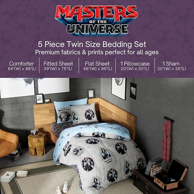 Masters of The Universe Movie Skelator Bedding Set, Twin Size 5 Piece Comforter and Sheet Set with Sham, (Officially Licensed Product) by Franco
