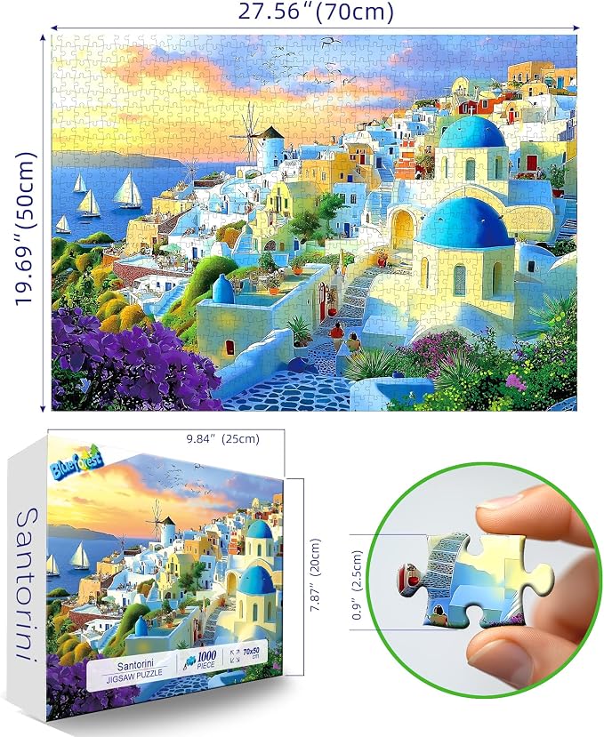 1000 Piece Adult Jigsaw Puzzle Santorini Greece Sunset Beautiful Blue Domed Churches Aegean Sea Village Landscape Puzzle with Letters on Back for Adults Seniors Game Night