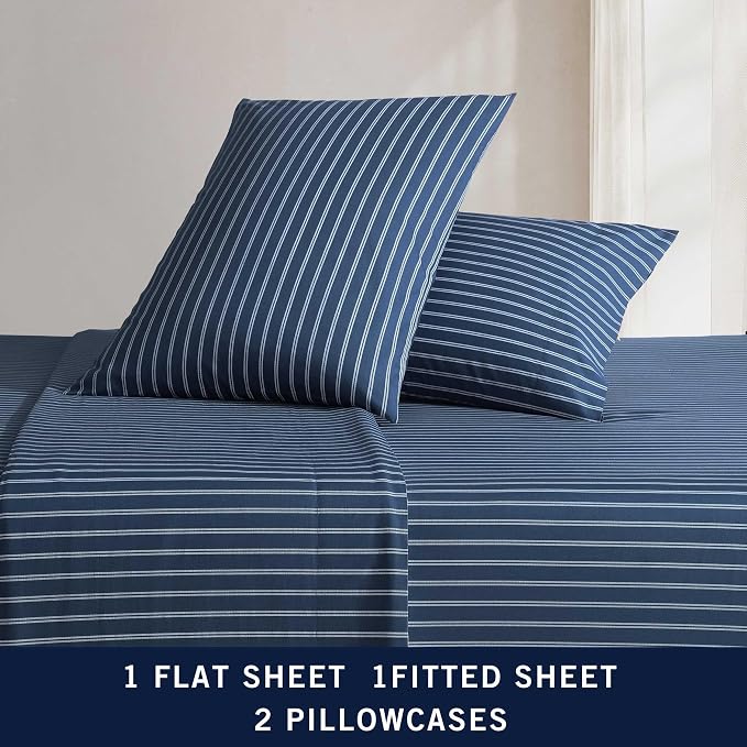 Nautica - Queen Sheets, Premium Cotton Percale Bedding Set, Striped Home Decor, Oeko-Tex Certified (Richmond Stripe Blue, Queen)