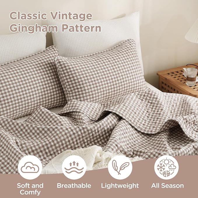 TOCOMOA Tan Gingham Quilt Bedding Set 100% Washed Cotton Bedspread Coverlet Like Linen Feel Soft Comfy Breathable 3 Piece Brown Plaid Checkered Lightweight Comforter Set for All Season, King 106"x96"