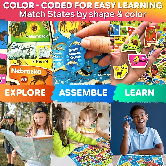 QUOKKA United States Puzzles for Kids Ages 4-6 - Realistic USA Map Wooden Puzzles for Kids Ages 3-5 - Montessori Wood Educational Toys for Toddlers 2-4 Years Old - Geography Learning Games for 6-8 yo
