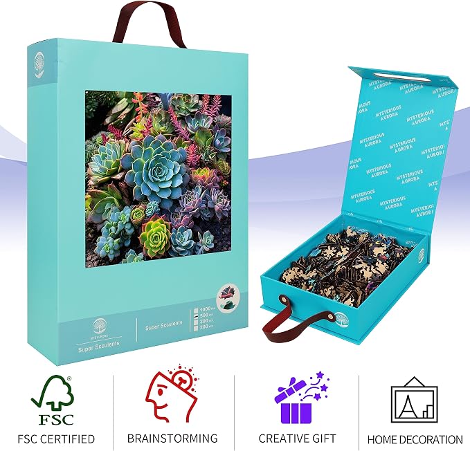 Mys Aurora Succulent Wooden Puzzles for Adults, 200 Unique Shape Jigsaw Puzzles, 5MM Thick, FSC Certified Box, Family Games for Kids and Adults