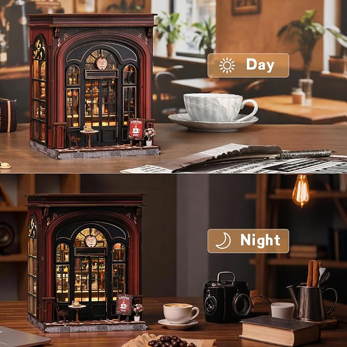 ISSEVE Coffee Shop Book Nook Kit for Adults with LED Light, Bookshelf Decor | DIY Miniature Dollhouse, Book Ends Decor, Gifts for Book Lovers Women Family Friends, Holiday Gift, 3D Wooden Puzzle
