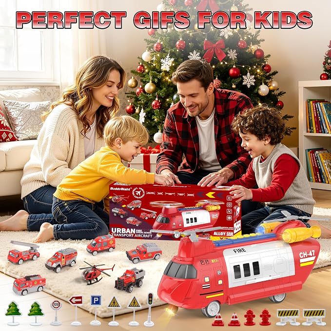 Toddler Airplane Toys w/ 7 Alloy Fire Truck Toys/Helicopter, 1 City Play Mat, 12 Road Signs, Airplane Launcher Toys with Lights & Sounds, Auto Spin Propellers, Toy Cars Ejection, Gift for Kids Age 3+