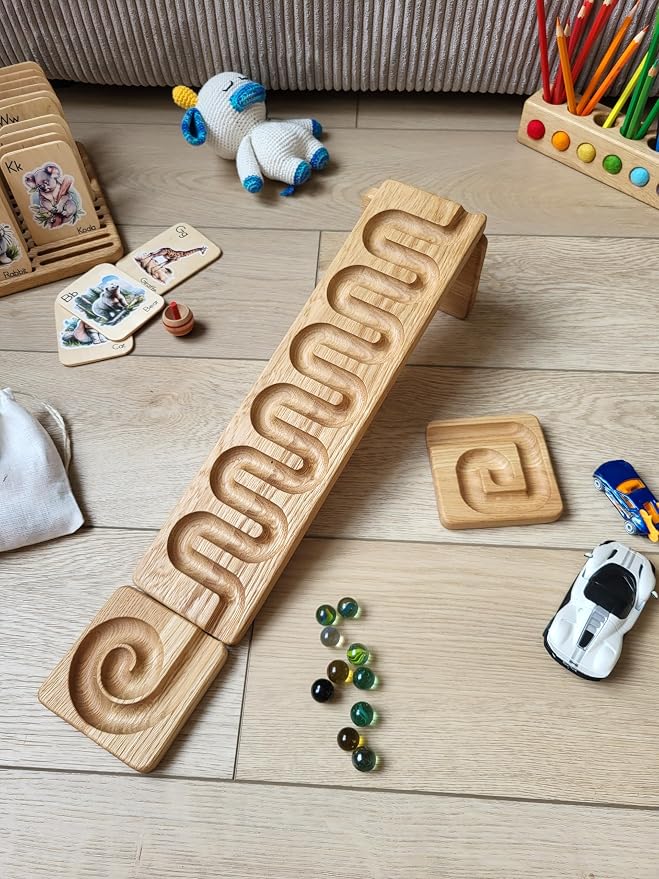 Marble Race Marble Personalized Wooden Maze Board Ball Run Course Gift for Kids Winding Track Roller (River)