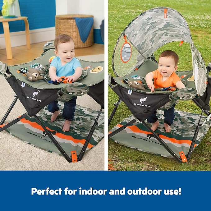 Bright Starts Ford Bronco Pop 'N Jump Portable Baby Jumper, Foldable Indoor/Outdoor Baby Jumper with Sensory Activities, Ages 6-12 Months