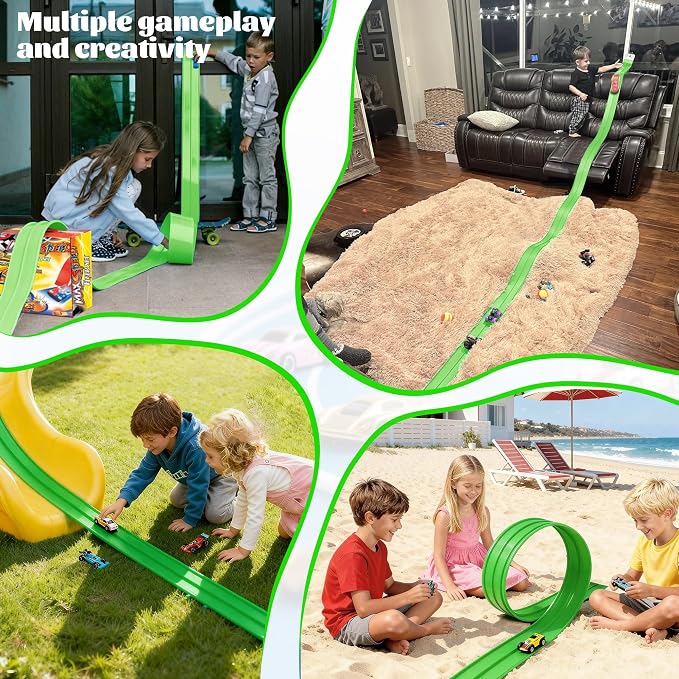 Flexible Race Car Track for Kids Toy, 19Ft Portable Two‑Lane Racing Starter Set, Wall Mount Suction Cups Magnets Hooks, Compatible for Vehicles up to 1/64th Scale-Green