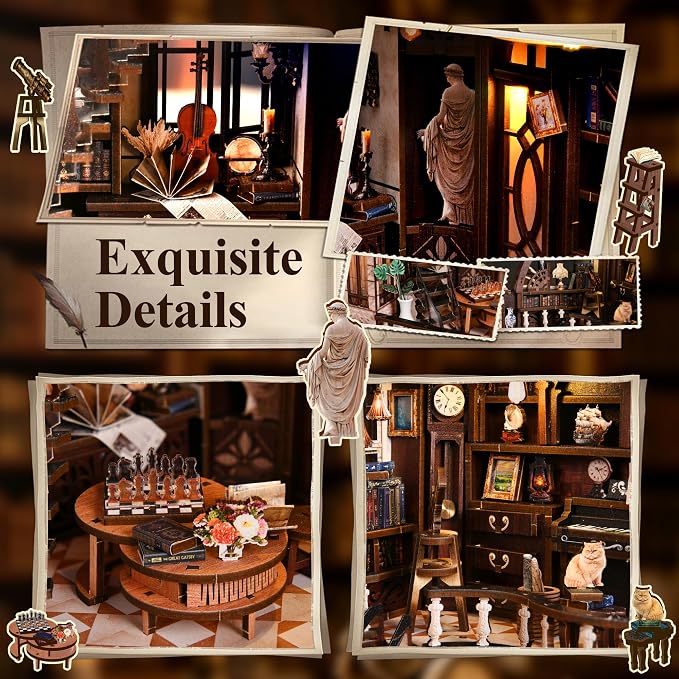 SUNNINO Library Book Nook Kits for Adults, DIY Miniature Dollhouse Bacchus Book Nook Kit, 3D Wooden Puzzle Bookshelf Decor Craft Kits Gift with Led Light for Friend Family