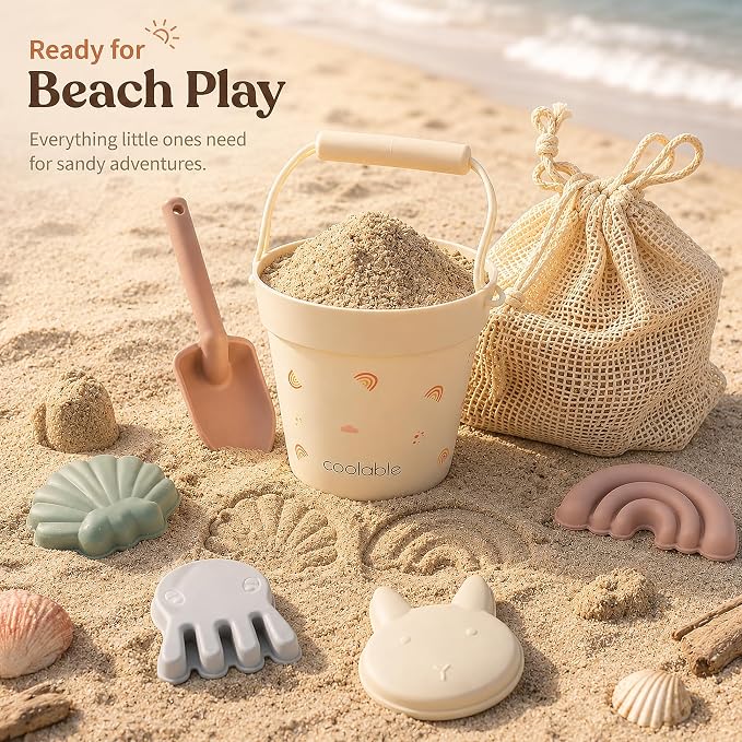 6-Piece Silicone Beach Toys Set for Kids - Foldable Sand Bucket, Shovel, 4 Sand Molds and Mesh Bag - Rainbow