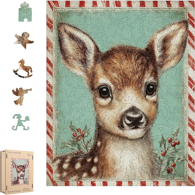 MEATRN Puzzles for Adults & Kids - Christmas Fawn Holiday Wooden Jigsaw Puzzle with Storage Box, 200 Pcs, 8.5"×11", Best Gift for Friends, Festive Family Game Night & Home Decor