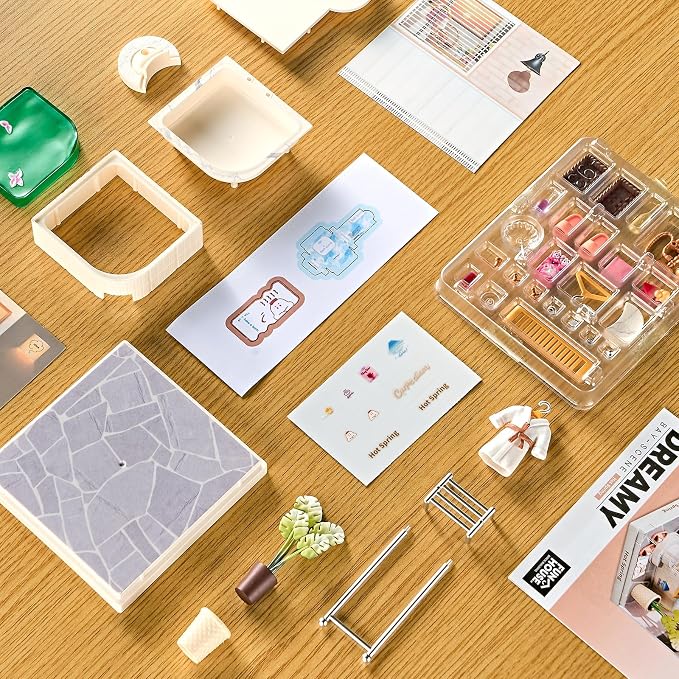 Miniature Hot Spring Spa DIY Bathroom Kit with Acrylic Display Case – Relaxing Bath Dollhouse Room Craft Set, Tool-Free Mini House for Teens, Adults & Beginners