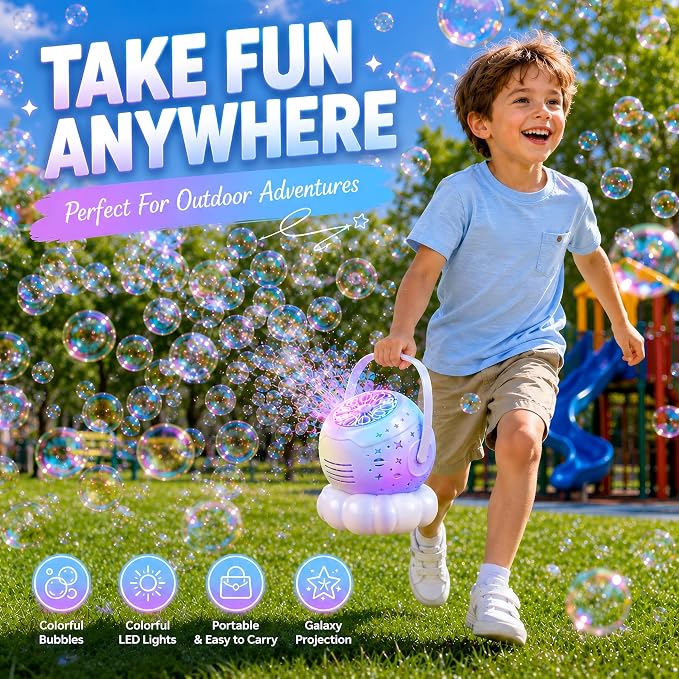 Bubble Machine for Kids, 3-in-1 Rechargeable Bubble Maker with 7 Night Light Star Projector, 30000+ Bubbles/Min, 600ml Large Capacity Electric Bubble Blower Toy for Weddings, Birthday Parties