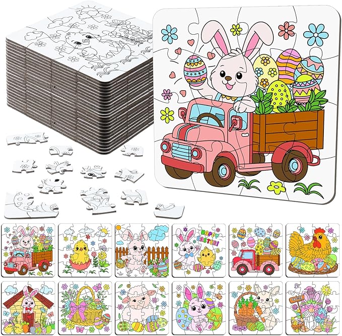 Realspring 24 Pack Color Your Own Jigsaw Puzzles for Kids Coloring Puzzles DIY Paper Jigsaw Bulk Party Favors Gifts Exchange Classroom Activities Home Educational Game Toy (Bunny)