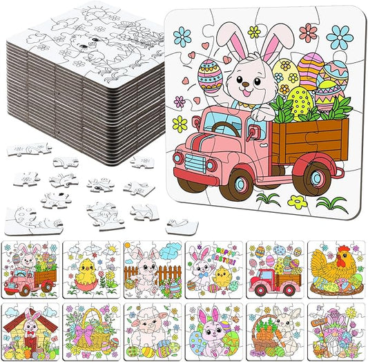 Realspring 24 Pack Color Your Own Jigsaw Puzzles for Kids Coloring Puzzles DIY Paper Jigsaw Bulk Party Favors Gifts Exchange Classroom Activities Home Educational Game Toy (Bunny)