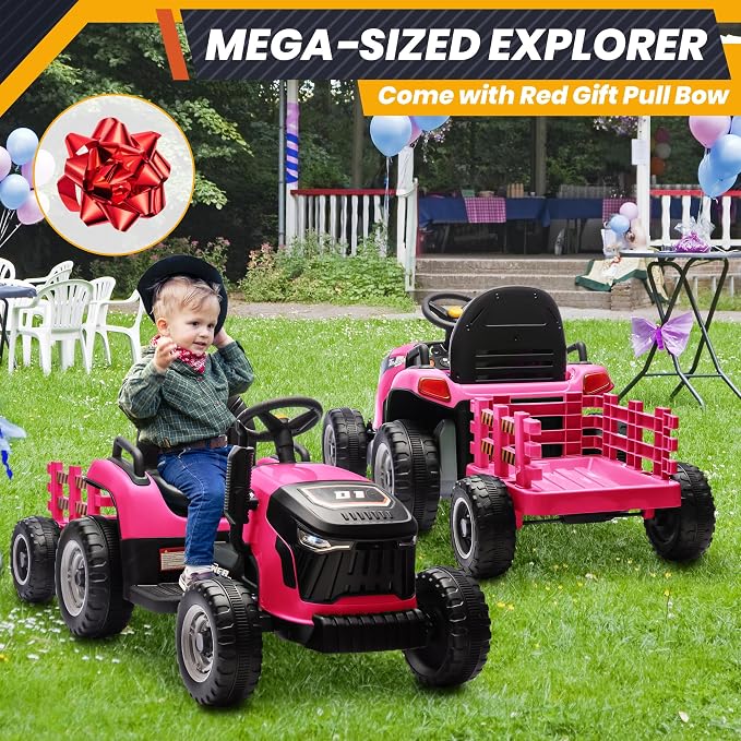 JOYRACER 24V Ride On Tractor for Kids, Electric Ride on Toys w/400W Motors, Tiltable & Detachable Trailer, Adjustable Seat, Bluetooth, Music, Remote Control Electric Tractor for Kids, Pink