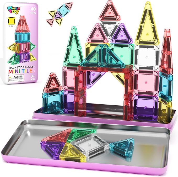 40PCS Magnetic Tiles Mini Travel Essentials Toddler Toys with Case Set, Preschool Montessori Education Magnetic Building Blocks Games Sensory Toys for 3 4 5 Year Old Boys Girls Birthday Gifts