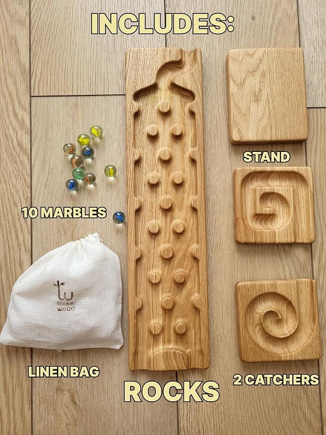 Wooden Marble Run Track Race Machine Set Maze Board Ball Run Montessori STEM Toy Gift for Kids Course Winding Roller Track Game Educational Construction Toy Gift for Kids (Rocks)