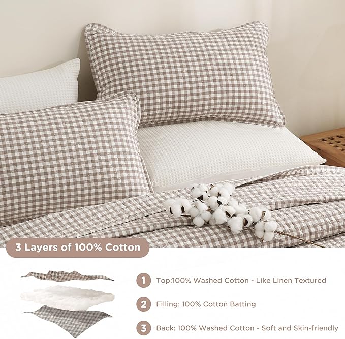 TOCOMOA Tan Gingham Quilt Bedding Set 100% Washed Cotton Bedspread Coverlet Like Linen Feel Soft Comfy Breathable 3 Piece Brown Plaid Checkered Lightweight Comforter Set for All Season, King 106"x96"