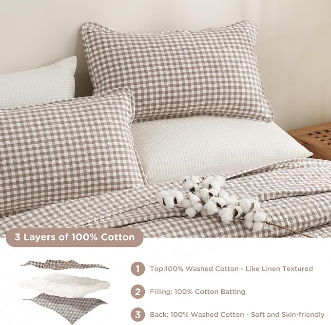 TOCOMOA Tan Gingham Quilt Bedding Set 100% Washed Cotton Bedspread Coverlet Like Linen Feel Soft Comfy Breathable 3 Piece Brown Plaid Checkered Lightweight Comforter Set for All Season, Twin 68"x86"
