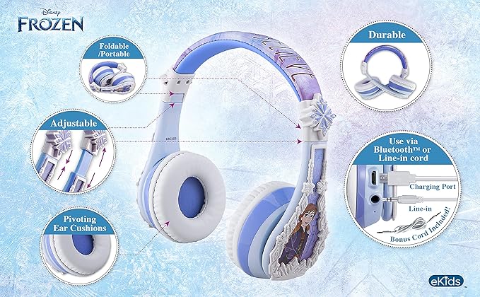 eKids Disney Frozen 2 Bluetooth Headphones with Microphone, Volume Reduced to Protect Hearing, Adjustable Wireless Headphones for School Home Travel, for Fans of Anna and Elsa