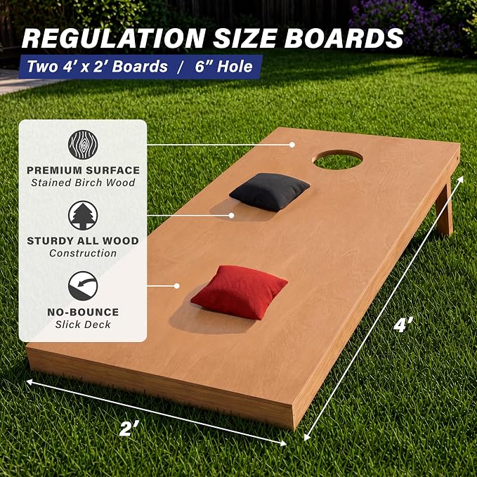 GoSports 4 ft x 2 ft Regulation Size Wooden Cornhole Boards Set with Light Brown Finish - Includes Carrying Case (Choose Your Colors)