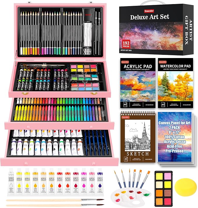 Soucolor Mother Day Birthday Gifts, Art Kits Art Sets, Aesthetic Cute Preppy Stuff Art Supplies, 192-Pack Deluxe Drawing Stuff with Acrylic Pad, Watercolor Book and Sketch Book, Canvases, Brushes