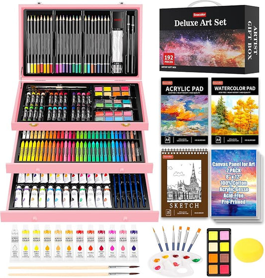 Soucolor Mother Day Birthday Gifts, Art Kits Art Sets, Aesthetic Cute Preppy Stuff Art Supplies, 192-Pack Deluxe Drawing Stuff with Acrylic Pad, Watercolor Book and Sketch Book, Canvases, Brushes