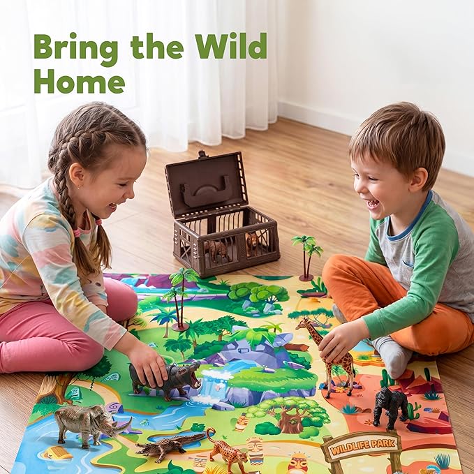 JOYIN Wild Animal Toys for Kids 3-5, 17 PCS Toy Animals Figurines with Activity Play Mat & Storage Cage & Educational Book, Safari Animals Figures for Toddler, for Boys and Girls