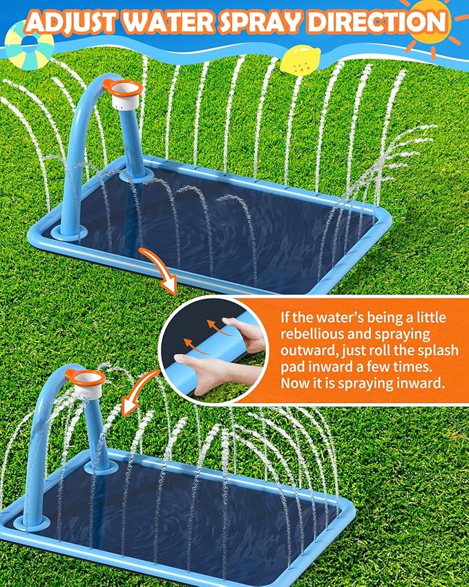 Splash Pad for Kids & Dogs, Large Sprinkler Pad Water Toys with Basketball Hoop, Thickened Non-Slip Splash Mat, Foldable Play Pool & Outdoor Summer Toys Ages 4-12 (102" Splash Pad)