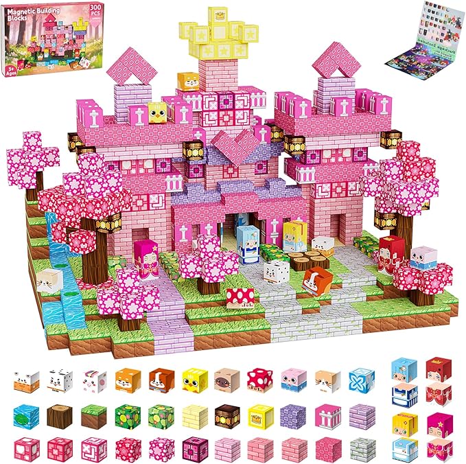 300PCS Magnetic Blocks Building Toys for Kids - 0.8in Magnet Cubes Cherry Blossom Forest Theme Toddler Toys, STEM Preschool Educational Sensory Construction Set, Birthday Gifts for Boys Girls Age 3-8