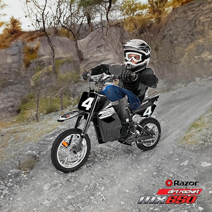 Razor MX650 Dirt Rocket Bike Electric Ride-On for Ages 16+, 220 lb Max Weight, Black – 36V Battery, Up to 17 Mph, 40-Min Run Time, Twist-Grip Throttle, 16” Front and 14” Rear Pneumatic Tires