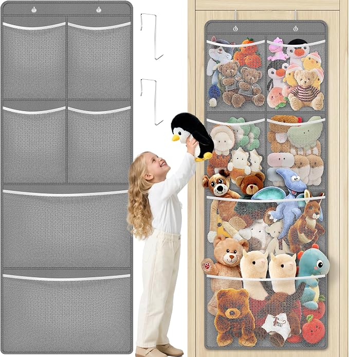 SpaceHacks Stuffed Animal Storage - Large Over the Door Organizer with 6 Expandable Mesh Pockets & Metal Hooks, Non-Woven Fabric Hanging Plush Items Holder for Nursery, Bedroom, Playroom (Gray)