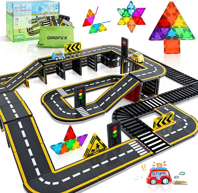 72pcs Upgraded Magnetic Tiles Road & Train Dual-Sided Expansion Pack, Magnetic Building Blocks Construction Toy for 3+Year Old Boys Girls, Kids Toys Montessori Toys for Toddler, STEM Learning Gifts