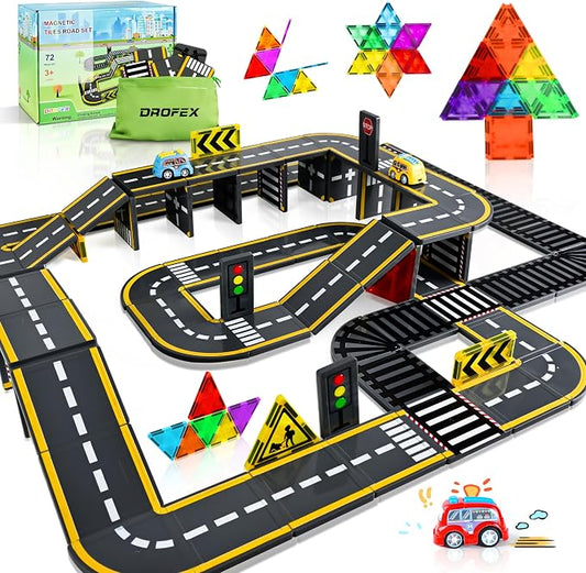 72pcs Upgraded Magnetic Tiles Road & Train Dual-Sided Expansion Pack, Magnetic Building Blocks Construction Toy for 3+Year Old Boys Girls, Kids Toys Montessori Toys for Toddler, STEM Learning Gifts