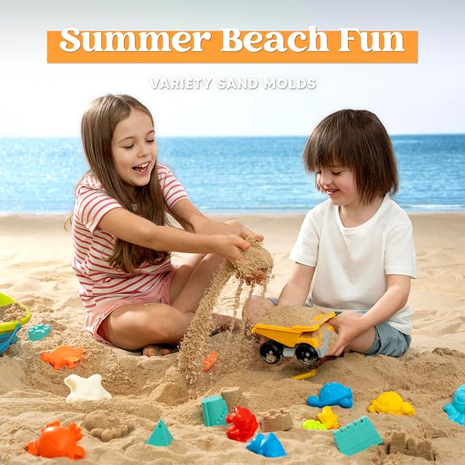 Sloosh Beach Sand Toys Set - Dump Truck Car Toy with Sand Molds for Toddlers Outdoor Play, Collapsible Foldable Buckets Mesh Bag Shovels Castle Animal Mold Sets, Kids Ages Sandbox Toys (Animals)