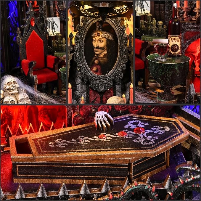 Book Nook Kit-3D Wooden Puzzle with LED Switch Control & Wall-Mountable Frame,DIY Miniature House for Beginners,Bookshelf/Tabletop/Wall Decor for Craft Lovers,Dollhouse Gift,Count Dracula
