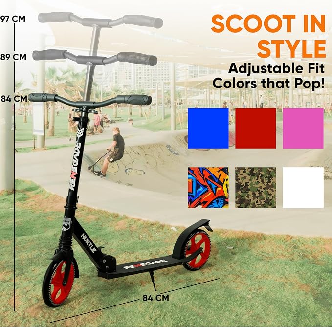 Hurtle Renegade Kick Scooter for Kids, Teenagers & Adults - 2-Wheel Folding Scooter with Adjustable T-Bar Handlebar - Alloy Anti-Slip Deck