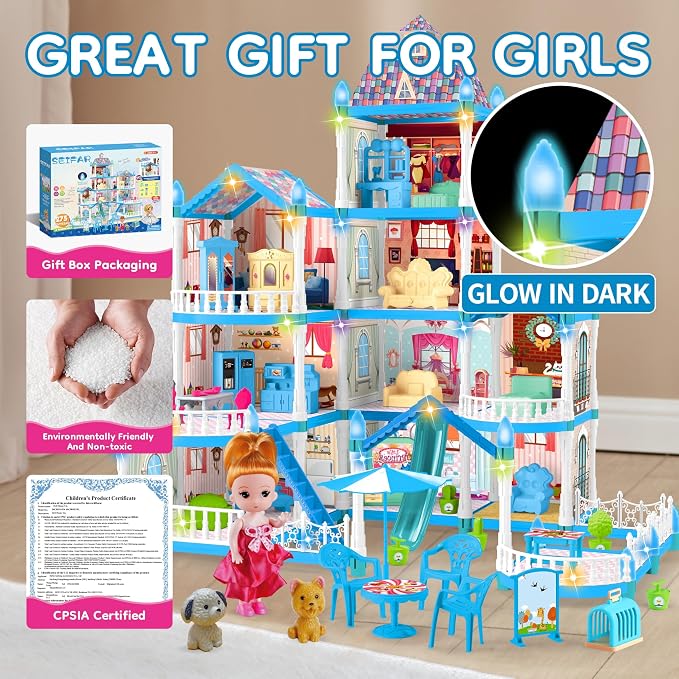 Seifar Doll House for Girls,10 Rooms Blue House Toy with Doll Figures, Puppies, Lights, Furnitures, Accessories, Kids Playhouse Gift for for 3 4 5 6 7 8 9 10 Year Old