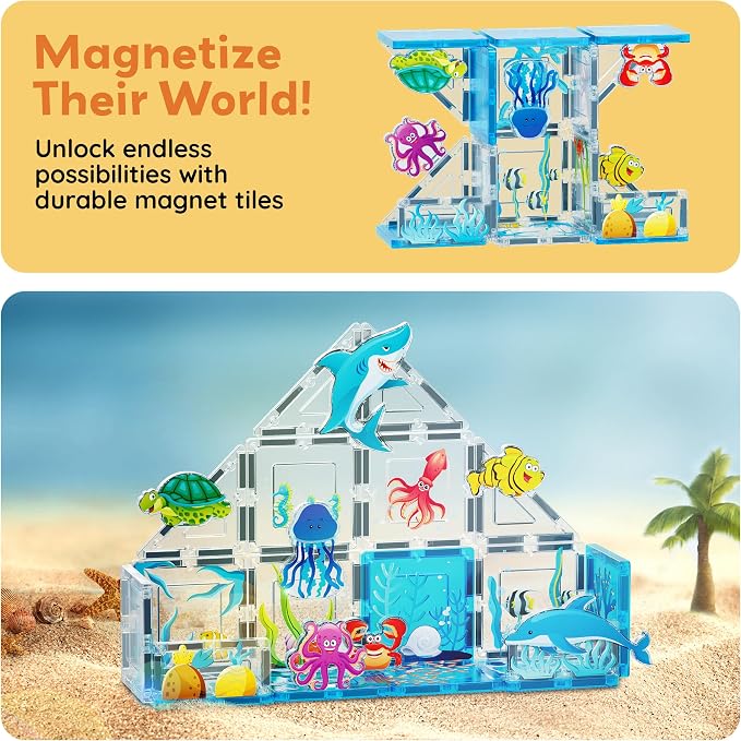 PicassoTiles Magnetic Tiles Magnet Tile Building Blocks Marine Animal World Themed Set with 8 Ocean Character Action Figures STEM Learning Toy Construction Toddlers Boys Girls Ages 3+ PTQ25