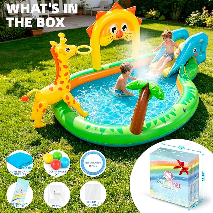 SULIFEEL 2026 Inflatable Jungle Kids Pool, Large Inflatable Toddler Happy Play Center with Water Slide & Sprinkler, 100" Blow Up Kiddie Splash Pad for Adventure Water Park, Backyard, Garden, Ages 2+