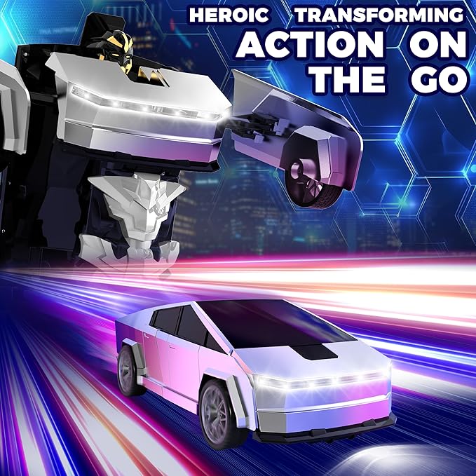 Transform RC Cyber Pickup Truck Cars Robot Toy for Kids, 2.4GHz Remote Control Car with One-Button Deformation 360° Rotation LED Lights Birthday Gifts for Boys Age 4-7-8-12（1:18 Scale）