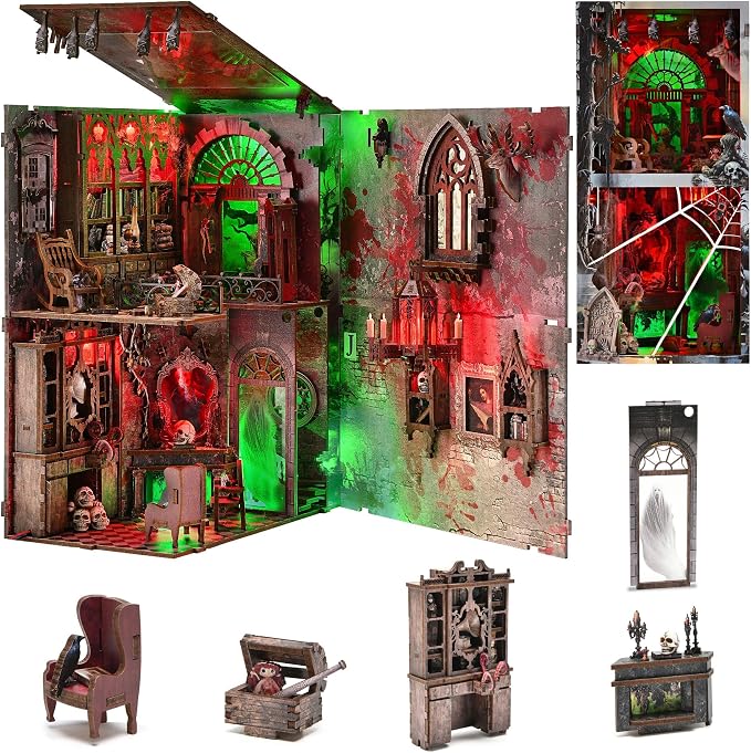 fifijoy Haunted House Halloween Book Nook Kit, Spooky Shelf Insert Bookshelf Diorama Horror Art Miniature Decor, Creepy Scary Wooden Puzzle Booknook (Haunted Mansion)