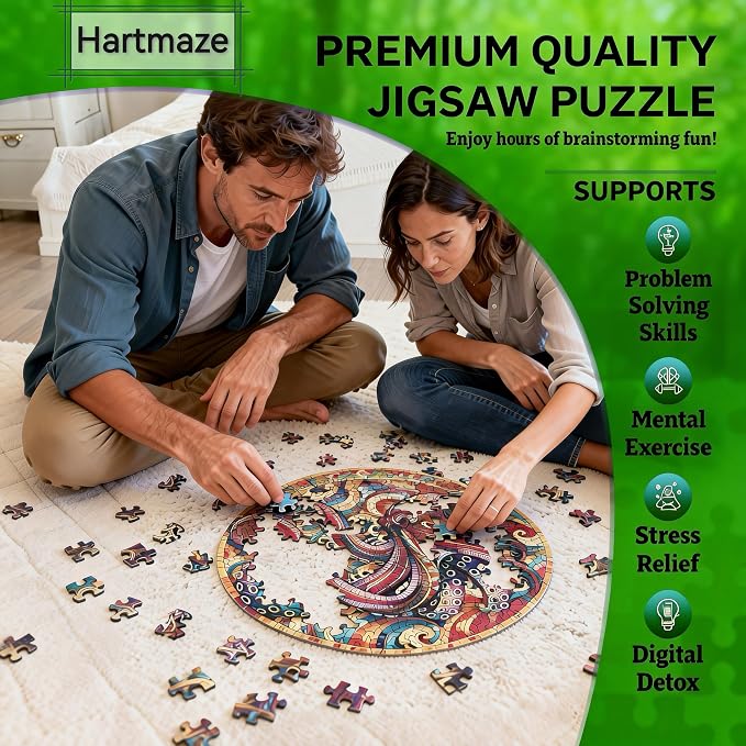 Hartmaze Octopus Riding Wave Wooden Puzzle, 178 Unique Irregular Pieces, 11.2x11.2 Inch, Exquisite Wooden Gift Box, Ocean Art Jigsaw for Adults & Kids 8+