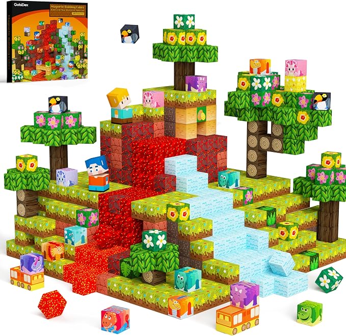 GobiDex Large Size Magnetic Building Blocks Volcano Dinosaur Set for Toddler, 100PCS Sensory STEM Toys for Kids Ages 3-5 5-7 4-8, Birthday Gifts for 3+ Year Old Boys Girls Kids (1 inch)
