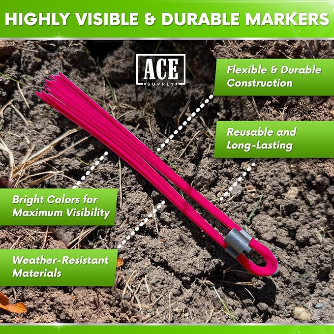 ACE Supply Pink Marking Whiskers with Stakes - Pack of 100 - Durable Marking Whisker Set - Use Survey Whiskers As Ground Markers, Construction Markers, Or Trail Markers