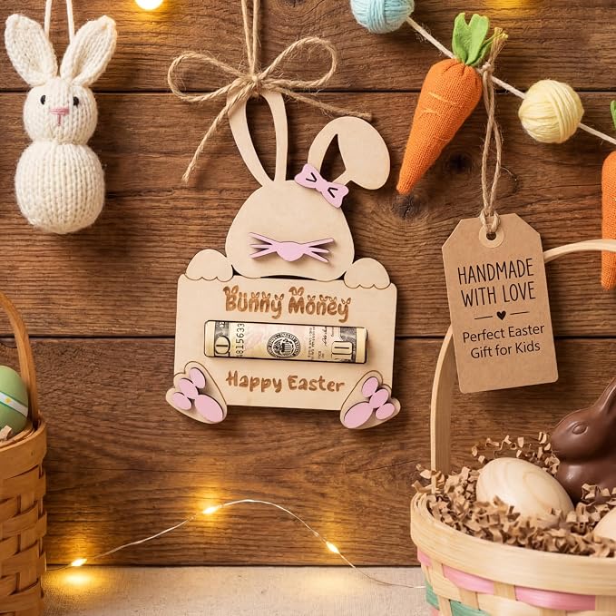 Easter Bunny Money Holder for Cash Gift, Cards Holder Basket Tag, Stuffers for Kids, Children, Teens, Gifts for Boy, Girl, Grandchildren, Pink Easter Basket Decorations & Gifts Ideas
